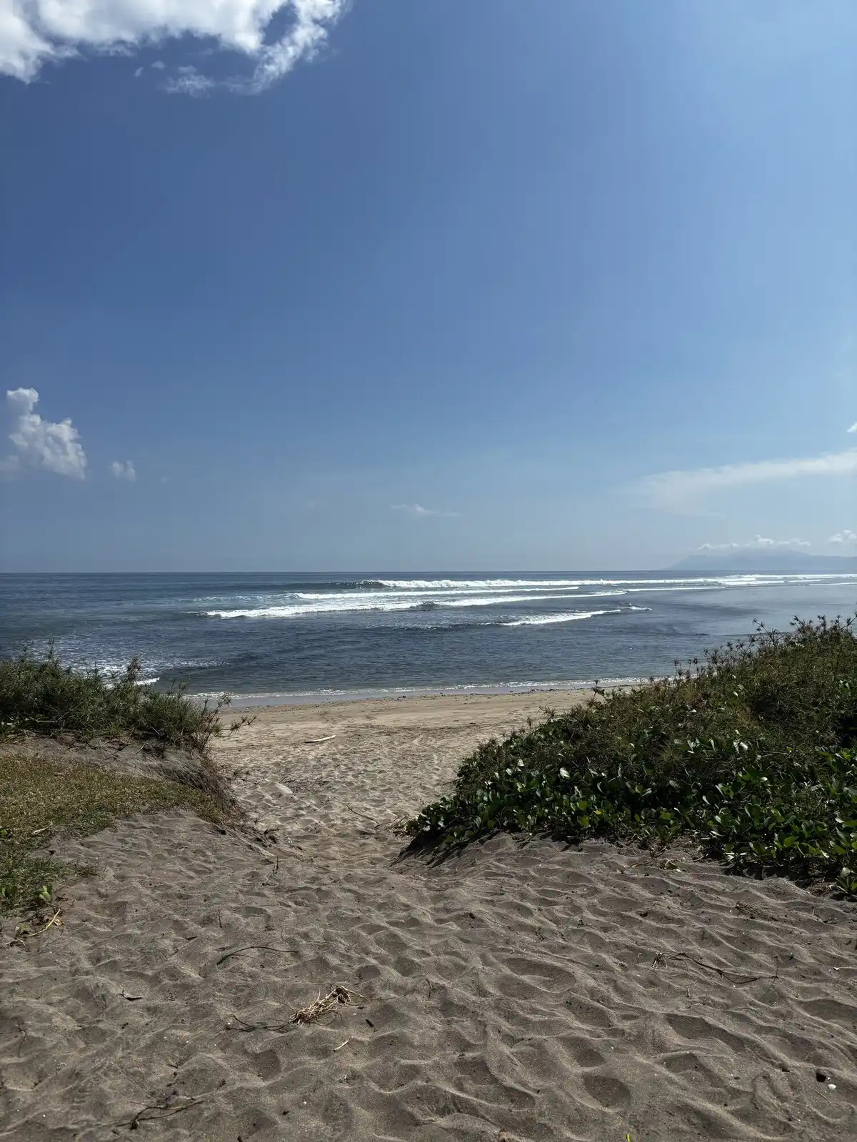 Sandy path through coastal vegetation leading to the beach at Lakey Peak, with small waves peeling across the reef in the distance under blue skies