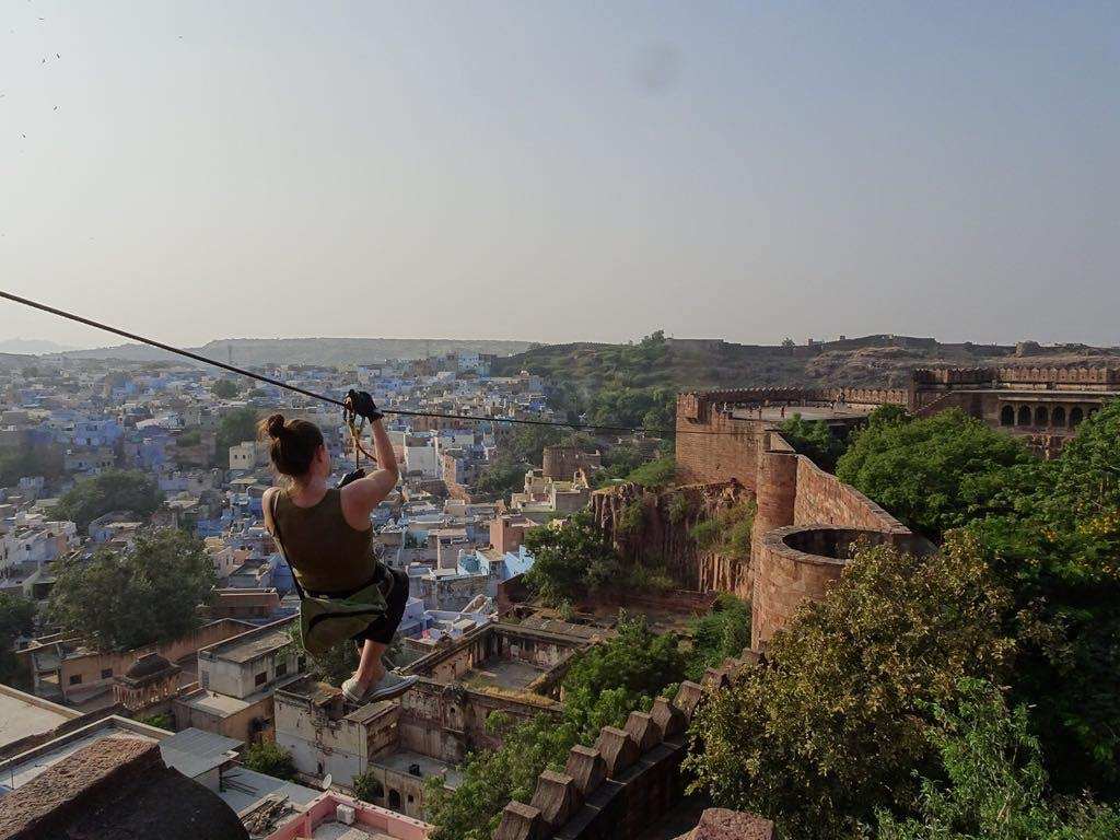 Ziplining over Jodhpur Blue City from the walls of Mehrangarh Fort